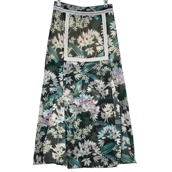 NWT Miss Me Green Tropical Floral Embroidered Skirt Side Slit Semi Sheer-Large - Picture 1 of 8